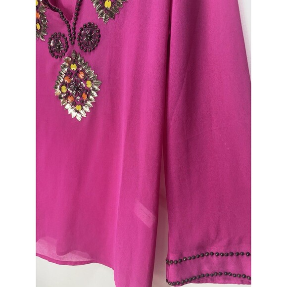 BOSTON PROPER Women’s SHEER EMBELLISHED V NECK TUNIC Top HOT PINK Sz S (flaw) - Picture 16 of 16